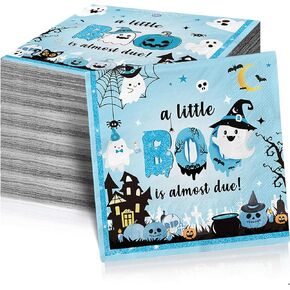 48Pcs A Little Boo Is Almost Due Baby Shower Boy Halloween Napkins Little Boo Baby Shower Decorations Boy for Blue Halloween Baby Shower Decorations Boy