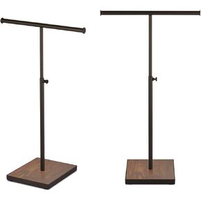 Metal Necklace Display Stand - Set of 2 T Shaped Black Purse Display Stand With Wood Base - Adjustable Height Double Hook Tall Jewelry Stands for Boutique Store