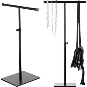 Metal Necklace Display Stand - Set of 2 T Shaped Black Purse Display Stand With Wood Base - Adjustable Height Double Hook Tall Jewelry Stands for Boutique Store
