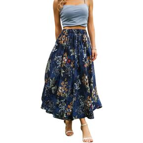 Maxi Skirts for Women with Pockets Long Midi Length Casual Skirt Blue Floral