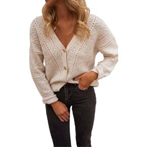 AIMITAG Cropped Cardigan Sweaters for Women Fall Long Sleeve Crochet Knit Shrug Open Front V-Neck Button up Tops