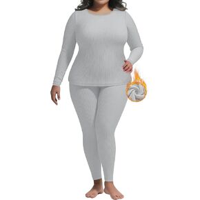 2 Pcs Women's Plus Size Thermal Underwear Sets Fleece Lined Ribbed Knit Base Layer Top and Bottom Pajama Set