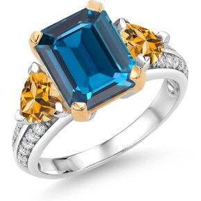 Gem Stone King 925 Sterling Silver and 10k Yellow Gold London Blue Topaz and Yellow Citrine 3 Stone Engagement Ring For Women (5.01 Cttw, Octagon Cut 10X8MM, Available In Size 5, 6, 7, 8, 9)
