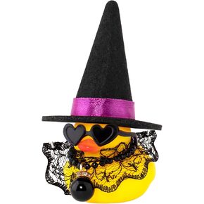 wonuu Halloween Rubber Duck Car Dashboard Decorations Halloween Decorations Indoor with Mini Witch Hat Heart Shape Sunglasses Pearl Pendant Chain (Black&Black)