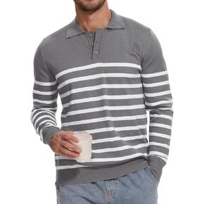Demoking Striped Sweaters for Men Polo Shirts Long Sleeve Mens Casual Knit Sweater
