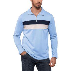 Angbater Mens Long Sleeve Quarter Zipper Polo Shirts Striped Color Block Sweater Mock Neck Golf Pullover