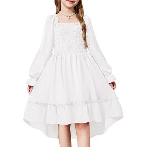 Arshiner Girls Dresses Puff Long Sleeve Fall Winter Smocked High Low Swing Midi Dress with Pockets