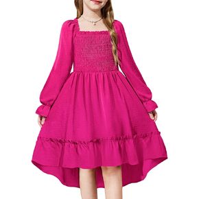 Arshiner Girls Dresses Puff Long Sleeve Fall Winter Smocked High Low Swing Midi Dress with Pockets