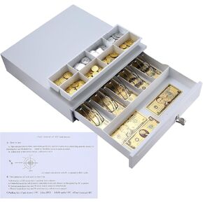 HOMOKUS 16 "درج تسجيل النقد الأبيض لنظام نقاط البيع، درج النقود للشركات الصغيرة مع صندوق درج النقود القابل للإزالة، 5 مقصورات للعملات المعدنية 8، سجلات النقد 12V لأنظمة RJ11 Pos