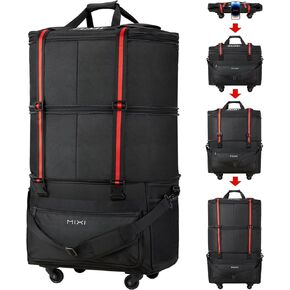 mixi Travel Bag with Wheels Expandable Foldable Luggage Bag Collapsible Rolling Travel Bag Duffel Bag Large Capacity Suitcase for Men Women, Black