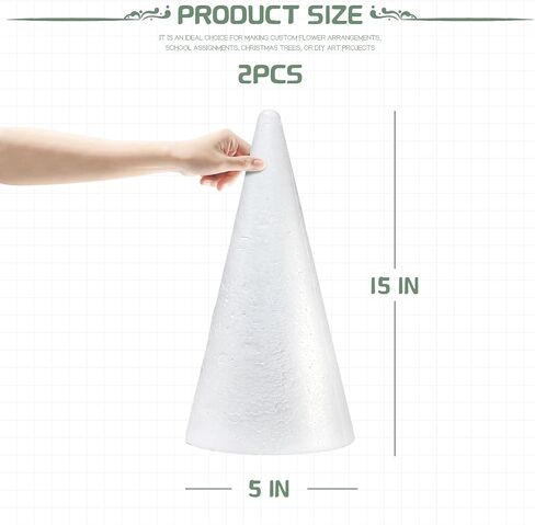 2 Pack Craft Foam Tree Cones, 15x5in Styrofoam Cones for Craft, White Large Polystyrene Foam Cones for Craft Use for DIY Art Projects, Christmas Tree Holiday Decor and Holiday Gnomes (15 * 5in-2pc) in Kuwait