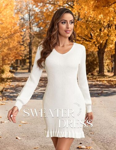 Bbonlinedress المرأة طويلة الأكمام متماسكة سترة فستان Bodycon البسيطة بلوزة كاجوال مضلع سترة كشكش الخامس الرقبة فستان الخريف in Kuwait