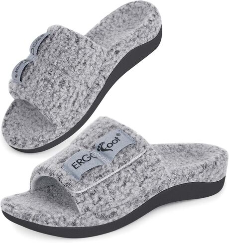 ERGOfoot Fuzzy House Slippers with Arch Support for Women Men, Orthopedic Slide Slippers for Plantar Fasciitis Open Toe Indoor House Shoes with Adjustable Straps, Foot Pain Relief in Saudi Arabia