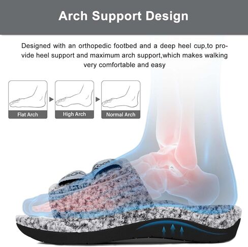 ERGOfoot Fuzzy House Slippers with Arch Support for Women Men, Orthopedic Slide Slippers for Plantar Fasciitis Open Toe Indoor House Shoes with Adjustable Straps, Foot Pain Relief in Saudi Arabia