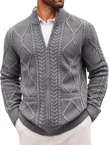 Runcati Mens Full Zip Cardigan Sweater Casual Cable Knitted Mock Neck Ribbed Winter Sweaters in Saudi Arabia