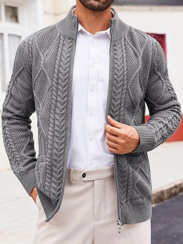 Runcati Mens Full Zip Cardigan Sweater Casual Cable Knitted Mock Neck Ribbed Winter Sweaters in Saudi Arabia