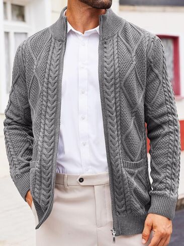 Runcati Mens Full Zip Cardigan Sweater Casual Cable Knitted Mock Neck Ribbed Winter Sweaters in Saudi Arabia
