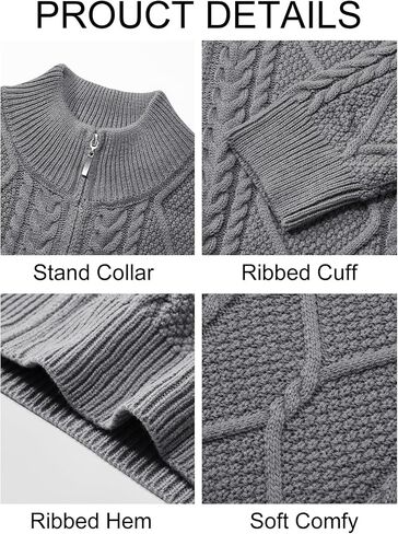 Runcati Mens Full Zip Cardigan Sweater Casual Cable Knitted Mock Neck Ribbed Winter Sweaters in Saudi Arabia