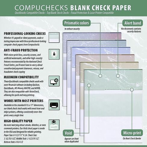 Compuchecks Check on Top Blank Check Paper - 500 Pack, Quick-Books & Laser Printer Compatible - Security Business Checks with Voucher - 8.5" x 11" Blue Diamond in Kuwait