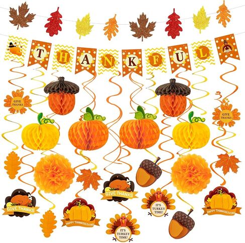 Amandir 43PCS Thanksgiving Decorations, Thanksgiving Maple Leaves Banner Fall Pumpkin Honeycomb Turkey Hanging Swirls Pom Poms Decor for Thanksgiving Party Indoor Outdoor Office Home Decorations in Kuwait