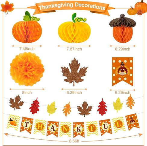 Amandir 43PCS Thanksgiving Decorations, Thanksgiving Maple Leaves Banner Fall Pumpkin Honeycomb Turkey Hanging Swirls Pom Poms Decor for Thanksgiving Party Indoor Outdoor Office Home Decorations in Kuwait