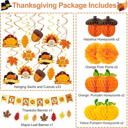 Amandir 43PCS Thanksgiving Decorations, Thanksgiving Maple Leaves Banner Fall Pumpkin Honeycomb Turkey Hanging Swirls Pom Poms Decor for Thanksgiving Party Indoor Outdoor Office Home Decorations in Kuwait