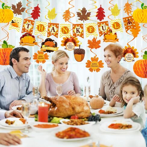 Amandir 43PCS Thanksgiving Decorations, Thanksgiving Maple Leaves Banner Fall Pumpkin Honeycomb Turkey Hanging Swirls Pom Poms Decor for Thanksgiving Party Indoor Outdoor Office Home Decorations in Kuwait
