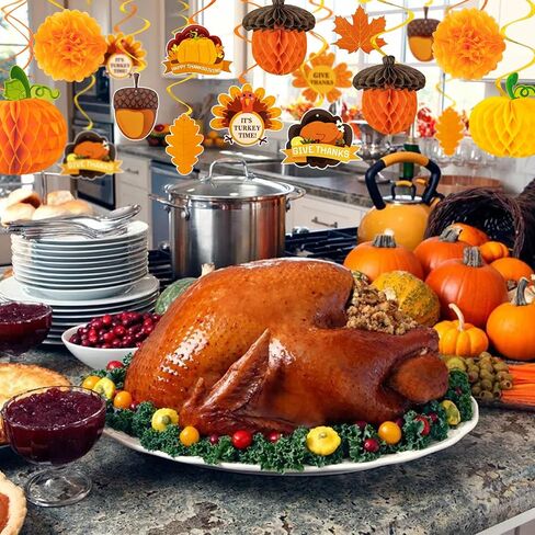 Amandir 43PCS Thanksgiving Decorations, Thanksgiving Maple Leaves Banner Fall Pumpkin Honeycomb Turkey Hanging Swirls Pom Poms Decor for Thanksgiving Party Indoor Outdoor Office Home Decorations in Kuwait
