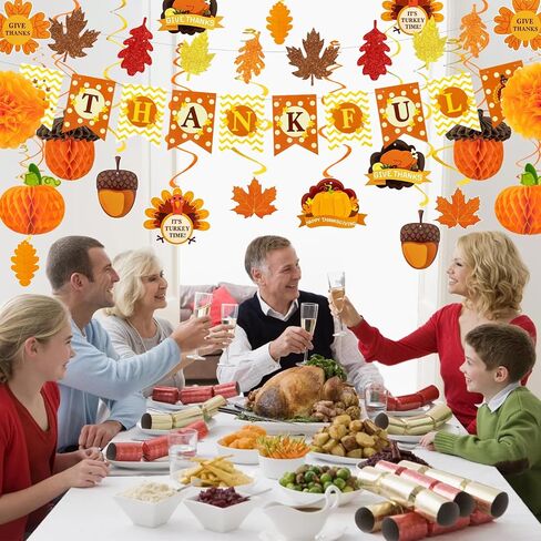 Amandir 43PCS Thanksgiving Decorations, Thanksgiving Maple Leaves Banner Fall Pumpkin Honeycomb Turkey Hanging Swirls Pom Poms Decor for Thanksgiving Party Indoor Outdoor Office Home Decorations in Kuwait