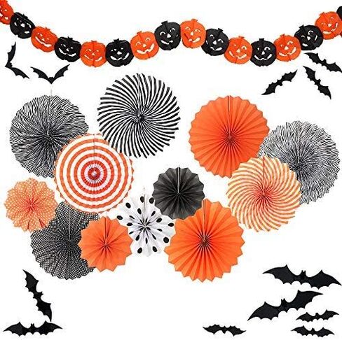 Yunison Halloween 12pcs Paper Fan Decorations Kit DIY Ceiling Hanging Paper Fans, Smile Pumpkin Party Banner, 24pcs 3D Bat Wall Stickers Window Decor Supplies in Saudi Arabia