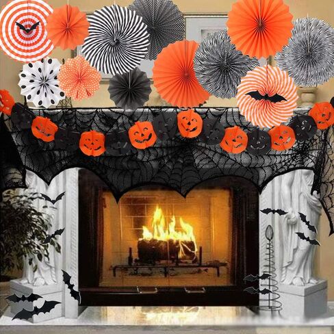 Yunison Halloween 12pcs Paper Fan Decorations Kit DIY Ceiling Hanging Paper Fans, Smile Pumpkin Party Banner, 24pcs 3D Bat Wall Stickers Window Decor Supplies in Saudi Arabia