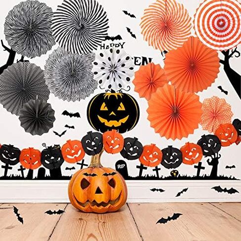 Yunison Halloween 12pcs Paper Fan Decorations Kit DIY Ceiling Hanging Paper Fans, Smile Pumpkin Party Banner, 24pcs 3D Bat Wall Stickers Window Decor Supplies in Saudi Arabia