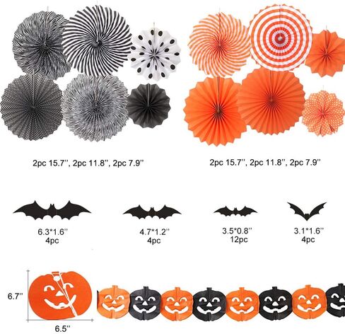 Yunison Halloween 12pcs Paper Fan Decorations Kit DIY Ceiling Hanging Paper Fans, Smile Pumpkin Party Banner, 24pcs 3D Bat Wall Stickers Window Decor Supplies in Saudi Arabia