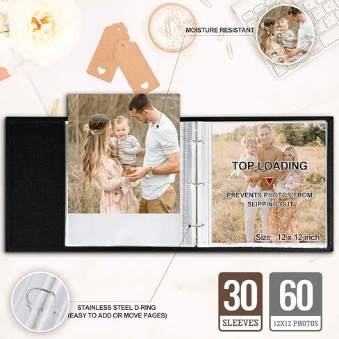 Lanpn Photo Album Scrapbook 12x12, Linen Cover Wreath Design Top Load 3 Ring Folder Binder Photobook Photo Book 12 x 12 inch with 30 Plastic Sleeves 60 Pages Beige in Kuwait