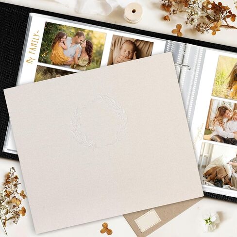 Lanpn Photo Album Scrapbook 12x12, Linen Cover Wreath Design Top Load 3 Ring Folder Binder Photobook Photo Book 12 x 12 inch with 30 Plastic Sleeves 60 Pages Beige in Kuwait
