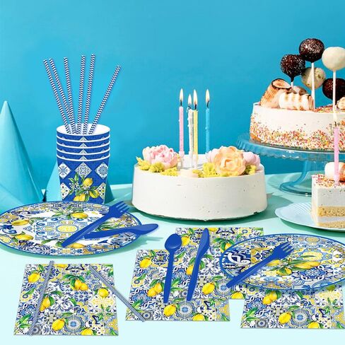 116 Ps Tiles Lemons Party Supplies 16 Guests Tiles Lemons Party Decorations Including Tiles Lemons Party Paper Plates Dinner Plates Napkins Cups Set for Tiles Lemons Party in Kuwait