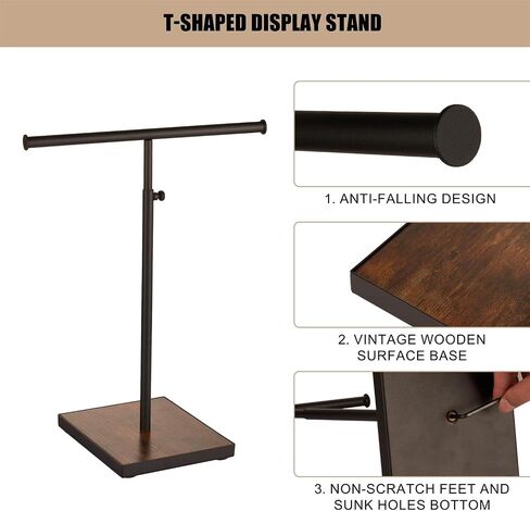 Metal Necklace Display Stand - Set of 2 T Shaped Black Purse Display Stand With Wood Base - Adjustable Height Double Hook Tall Jewelry Stands for Boutique Store in Kuwait