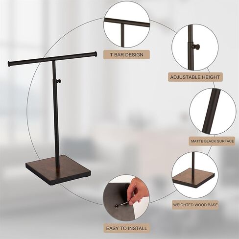 Metal Necklace Display Stand - Set of 2 T Shaped Black Purse Display Stand With Wood Base - Adjustable Height Double Hook Tall Jewelry Stands for Boutique Store in Kuwait