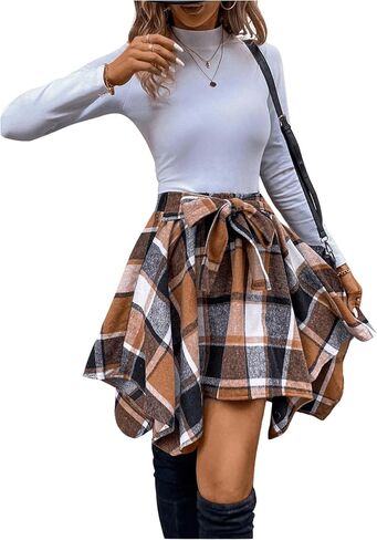 MakeMeChic Women's Plaid Elastic High Waisted Skirt Tie Front Asymmetrical Mini Skirts in Kuwait