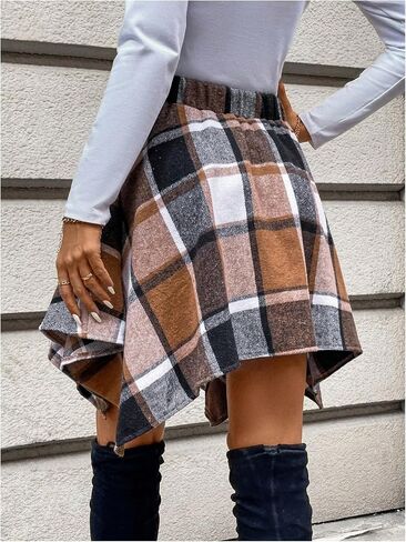 MakeMeChic Women's Plaid Elastic High Waisted Skirt Tie Front Asymmetrical Mini Skirts in Kuwait