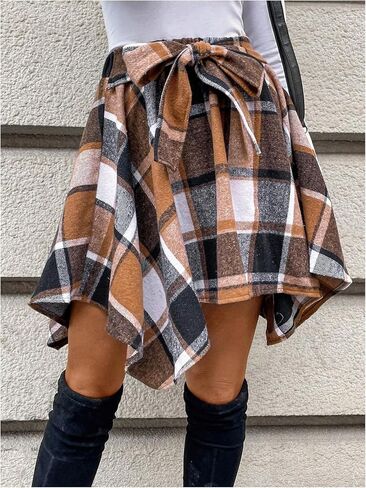 MakeMeChic Women's Plaid Elastic High Waisted Skirt Tie Front Asymmetrical Mini Skirts in Kuwait