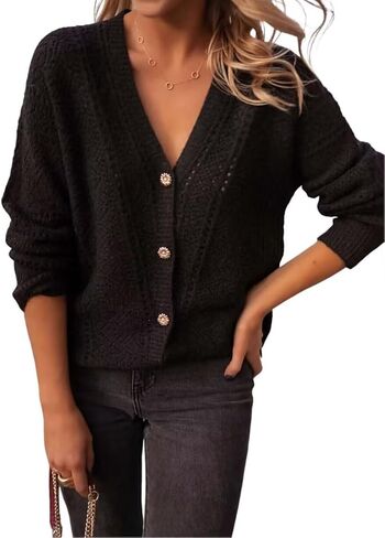 AIMITAG Cropped Cardigan Sweaters for Women Fall Long Sleeve Crochet Knit Shrug Open Front V-Neck Button up Tops in Kuwait