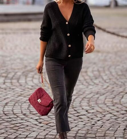 AIMITAG Cropped Cardigan Sweaters for Women Fall Long Sleeve Crochet Knit Shrug Open Front V-Neck Button up Tops in Kuwait