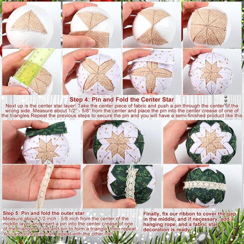HunnmingRe عيد الميلاد الحرف مبطن الحلي عدة DIY اللوازم وشملت 4 قطع 3 بوصة كرات رغوة 6 قطع عيد الميلاد النسيج 4.92 قدم شريط دانتيل 1000 قطعة دبابيس عيد الميلاد النسيج نجمة شجرة الحلي للبالغين in Kuwait