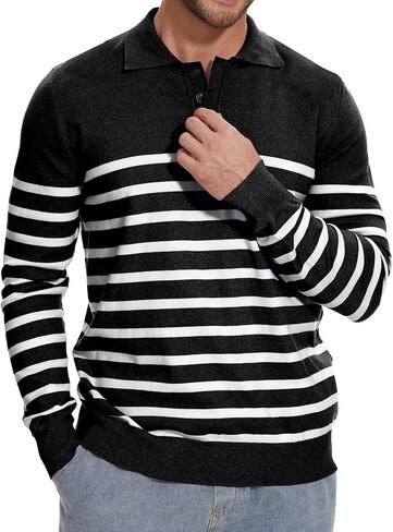 Demoking Striped Sweaters for Men Polo Shirts Long Sleeve Mens Casual Knit Sweater in Saudi Arabia