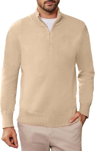 Mens Quarter Zip Pullover Long Sleeve Fleece Sweatshirt Slim Fit Mock Neck Sweaters Casual Polo Tops Shirt in Saudi Arabia