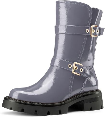 NobleOnly Womens Round Toe Mid Calf Boots Low Chunky Block Heel Metal Buckle Slip-on Ankle Boots Casual Dress Short Boots 1.4 Inches Heels in Kuwait