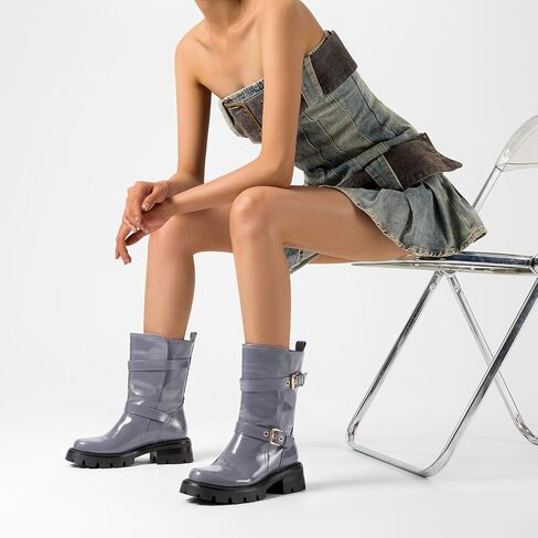 NobleOnly Womens Round Toe Mid Calf Boots Low Chunky Block Heel Metal Buckle Slip-on Ankle Boots Casual Dress Short Boots 1.4 Inches Heels in Kuwait