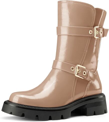 NobleOnly Womens Round Toe Mid Calf Boots Low Chunky Block Heel Metal Buckle Slip-on Ankle Boots Casual Dress Short Boots 1.4 Inches Heels in Kuwait
