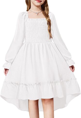 Arshiner Girls Dresses Puff Long Sleeve Fall Winter Smocked High Low Swing Midi Dress with Pockets in Saudi Arabia